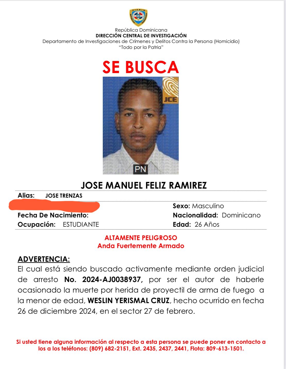 policia-nacional-activa-busqueda-de-“jose-trenzas”,-acusado-de-homicidio-de-adolescente-de-16-anos